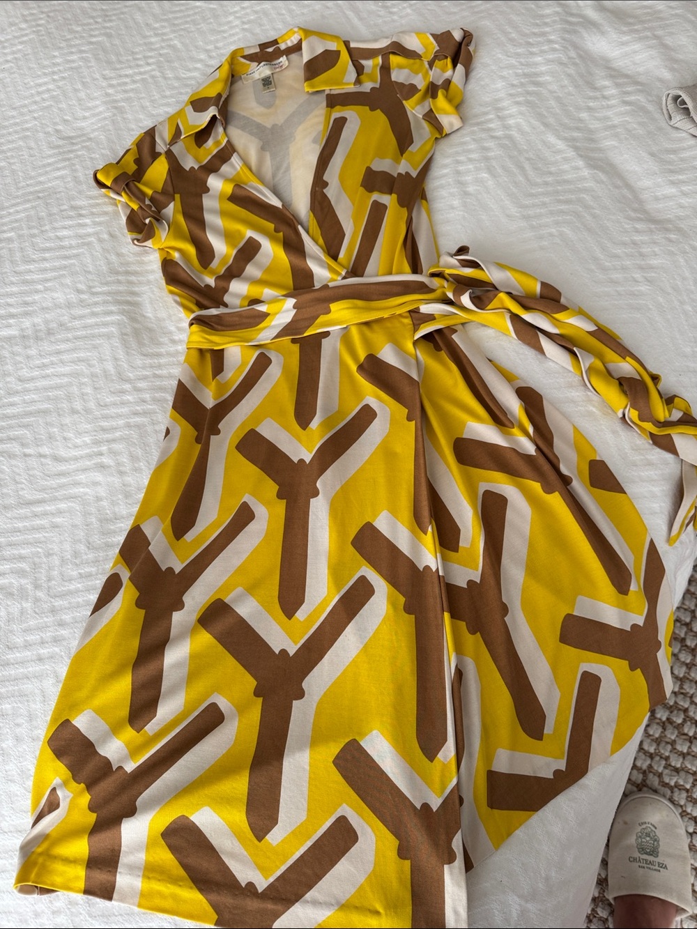 Diane Von Furstenberg Yellow Brown Geometric Wrap Midi Dress